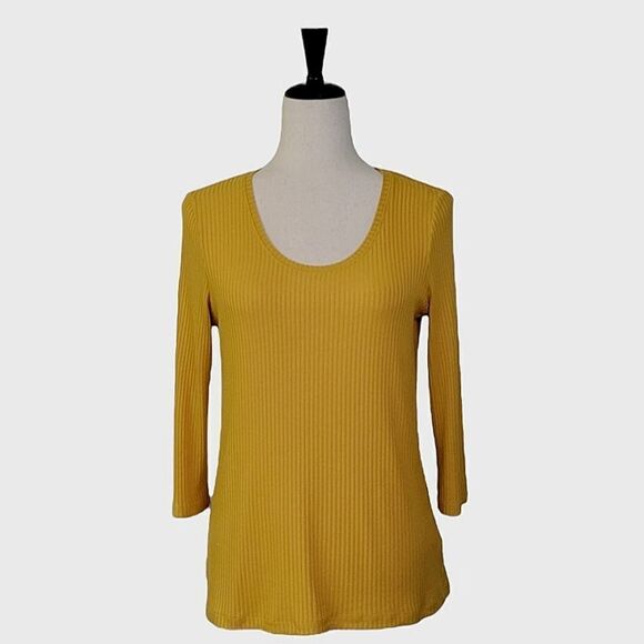 Rachel Zoe LA NY Mustard Yellow Ribbed 3/4 Sleeve Scoop Neck Top Size M - Picture 1 of 7